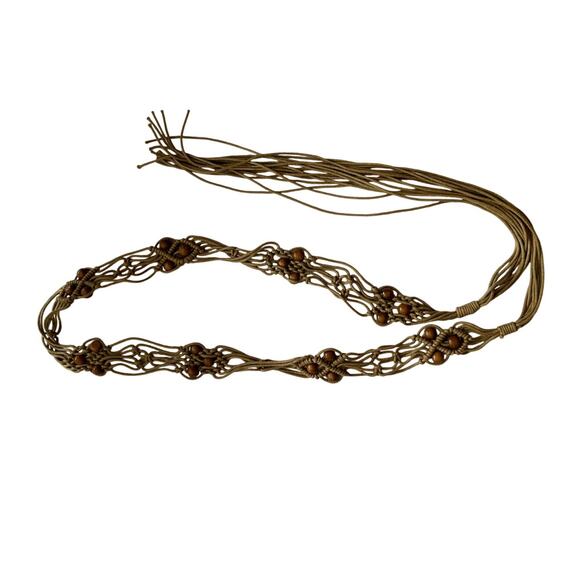 Handmade Accessories - Macrame Fashion Belt Womens Brown Wooden Beads Braided Bohemian Festival Fringe